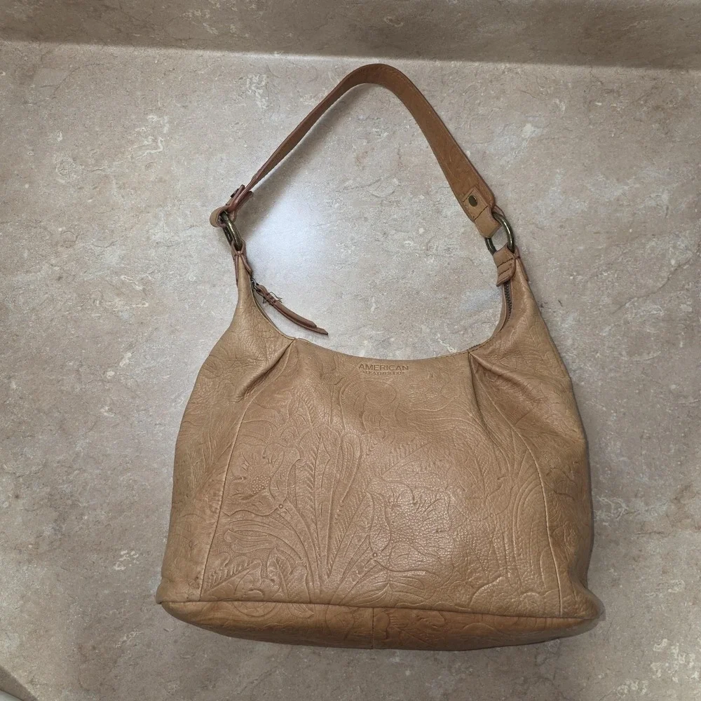 American Leather Co Hobo Bag Large Tan‎ Floral Embossed Leather Purse Slouchy